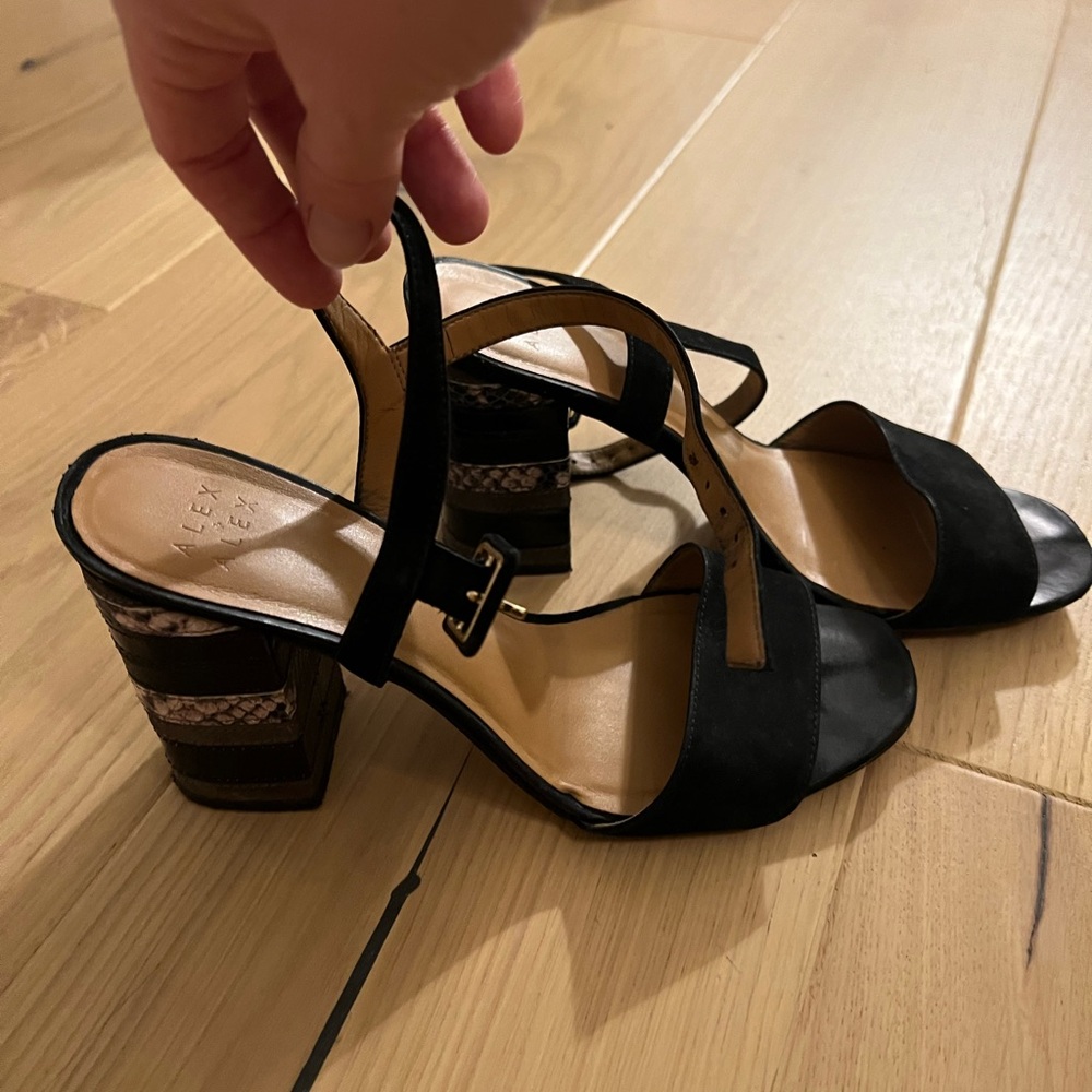 Alex + Alex Black Suede Sandals with Snakeskin Block Heel, Size 8